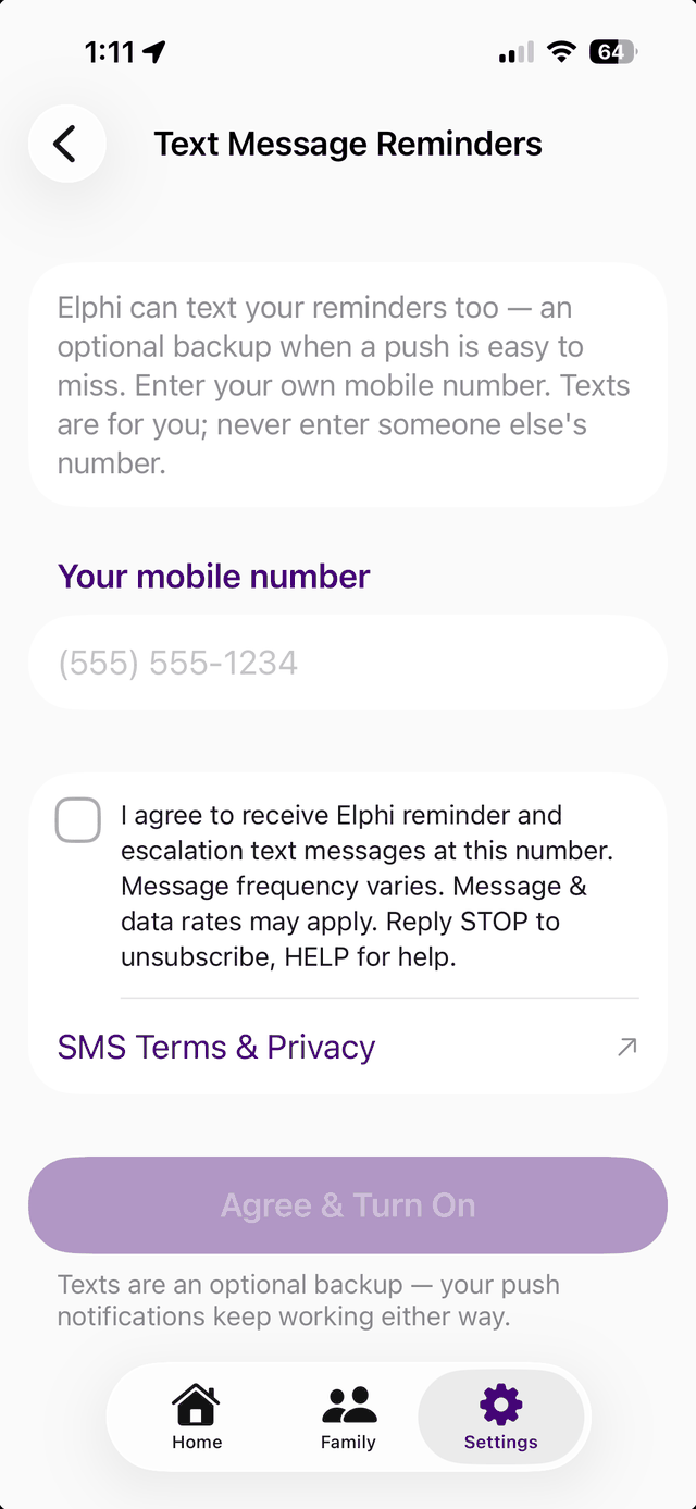 The Text Message Reminders screen with an empty phone number field and an unchecked consent box.