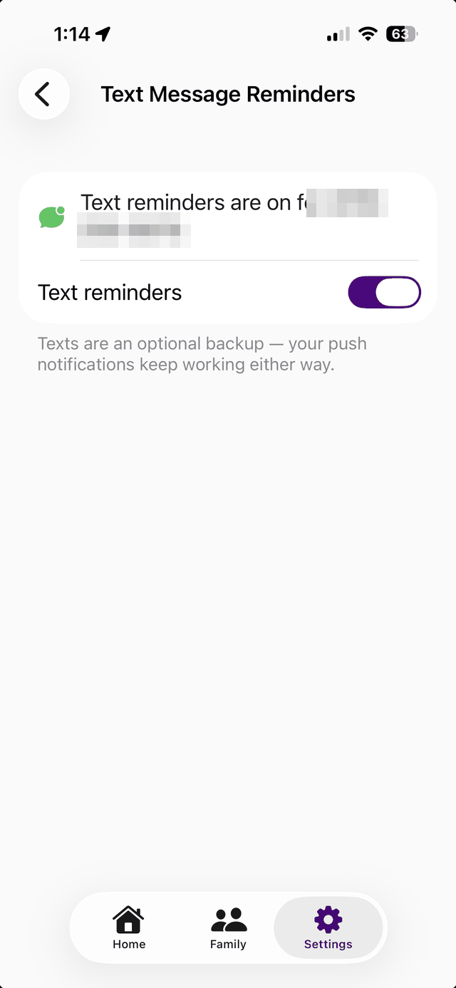 Confirmation screen showing text reminders are on for the user's number, with a toggle to turn them off at any time.